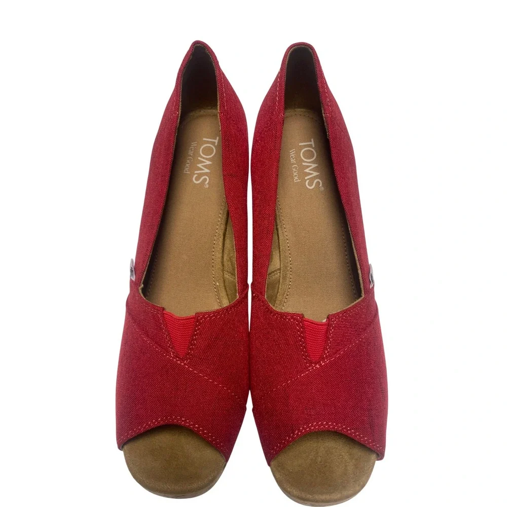 TOMS Classic Canvas Red Open Toe Espadille Cork Wedge Women's 9